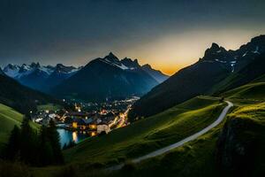 il strada per il villaggio a tramonto. ai-generato foto