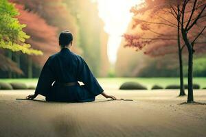 un' donna nel un' chimono seduta su il terra nel davanti di alberi. ai-generato foto