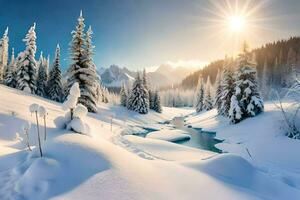 neve coperto alberi e un' fiume nel il montagne. ai-generato foto