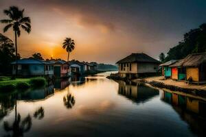 un' fiume con case e palma alberi a tramonto. ai-generato foto