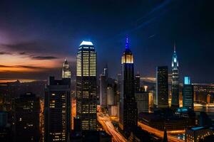 il città orizzonte a notte con un' luminosa blu cielo. ai-generato foto