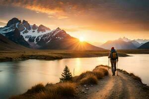 un' uomo passeggiate lungo un' sentiero nel il montagne. ai-generato foto