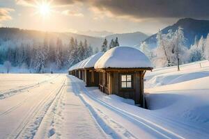 un' neve coperto strada con un' cabina nel il mezzo. ai-generato foto