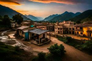 foto sfondo il cielo, montagne, villaggio, tramonto, il montagne, villaggio, il montagne,. ai-generato