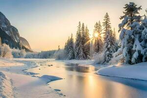 foto sfondo il cielo, neve, alberi, fiume, montagne, sole, fiume, inverno,. ai-generato