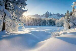 neve coperto alberi e montagne nel il sole. ai-generato foto