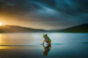 un' rana in piedi nel il acqua a tramonto. ai-generato foto