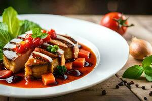 un' piatto di cibo con verdure e carne. ai-generato foto