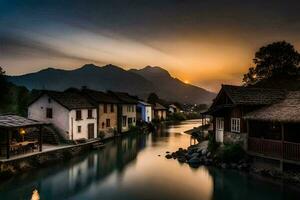 un' fiume corre attraverso un' cittadina a tramonto. ai-generato foto