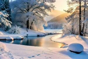 inverno paesaggio con neve coperto alberi e fiume. ai-generato foto