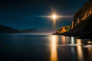 il Luna brilla brillantemente al di sopra di il acqua a notte. ai-generato foto