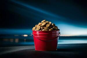 un' rosso secchio pieno con arachidi su il spiaggia. ai-generato foto