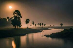 foto sfondo il cielo, alberi, acqua, Alba, il Luna, il sole, il alberi. ai-generato