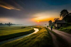 il sole sorge al di sopra di il riso campi. ai-generato foto