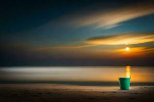 un' verde tazza si siede su il spiaggia a tramonto. ai-generato foto