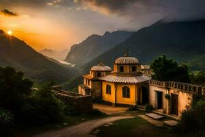 un' piccolo Chiesa nel il montagne a tramonto. ai-generato foto