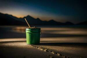 un' secchio di sabbia su il spiaggia a tramonto. ai-generato foto