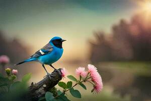 un' blu uccello è arroccato su un' ramo vicino un' fiume. ai-generato foto