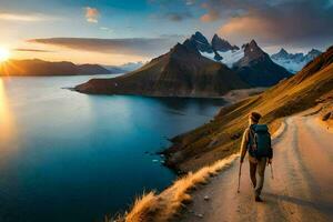 il uomo è a piedi su il strada nel davanti di il montagne. ai-generato foto