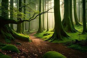 un' sentiero attraverso un' verde foresta con muschioso alberi. ai-generato foto