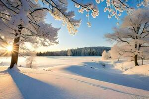 neve coperto alberi e il sole splendente nel il sfondo. ai-generato foto