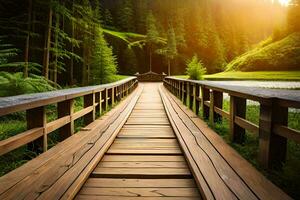 di legno ponte al di sopra di un' fiume nel il foresta. ai-generato foto