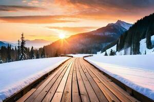 un' di legno passerella conduce per il sole nel il montagne. ai-generato foto