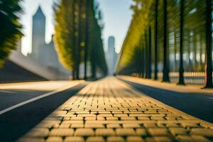 un' lungo, vuoto strada con alberi e edifici nel il sfondo. ai-generato foto