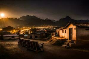 un' villaggio a notte con un' montagna nel il sfondo. ai-generato foto