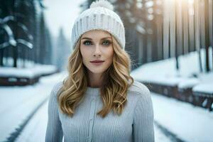 un' bellissimo giovane donna nel un' inverno cappello. ai-generato foto