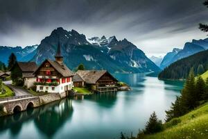 un' bellissimo montagna lago e un' Casa nel il mezzo. ai-generato foto