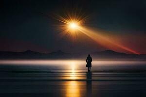un' persona in piedi su il spiaggia a notte con il sole splendente. ai-generato foto
