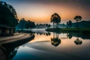 un' fiume a Alba con alberi e un' Casa. ai-generato foto