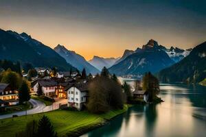 un' bellissimo tramonto al di sopra di un' lago e montagne. ai-generato foto