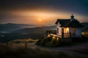 un' piccolo Casa su il lato di un' montagna a tramonto. ai-generato foto