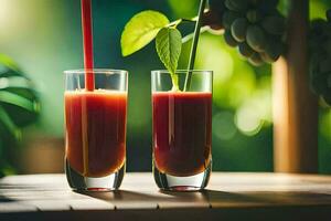 Due bicchieri di succo con un' cannuccia. ai-generato foto