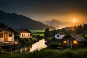 foto sfondo il cielo, montagne, acqua, il sole, il montagne, il sole, il. ai-generato