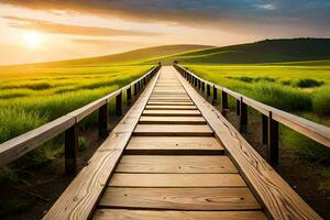 un' di legno ponte conduce per un' verde campo. ai-generato foto