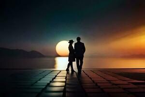 un' coppia in piedi su un' passerella a tramonto. ai-generato foto