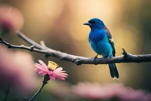 un' blu uccello si siede su un' ramo con rosa fiori. ai-generato foto