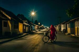 un' donna nel rosso equitazione un' bicicletta giù un' strada a notte. ai-generato foto