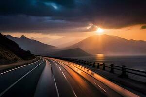 un' strada con il sole ambientazione al di sopra di montagne. ai-generato foto