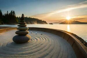 un' zen giardino a tramonto. ai-generato foto