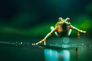 un' rana salto al di sopra di acqua nel il scuro. ai-generato foto