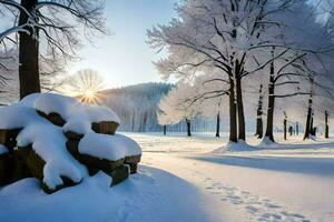 un' nevoso paesaggio con alberi e rocce. ai-generato foto