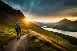 un' uomo passeggiate su un' sentiero nel il montagne a tramonto. ai-generato foto