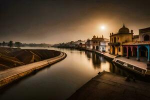 il sole sorge al di sopra di un' canale nel India. ai-generato foto