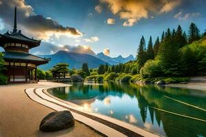 il giapponese giardino nel il montagne. ai-generato foto