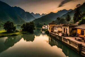foto sfondo il cielo, montagne, acqua, Casa, fiume, tramonto, Vietnam,. ai-generato