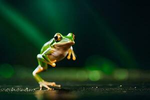 un' rana salto su un' verde sfondo. ai-generato foto